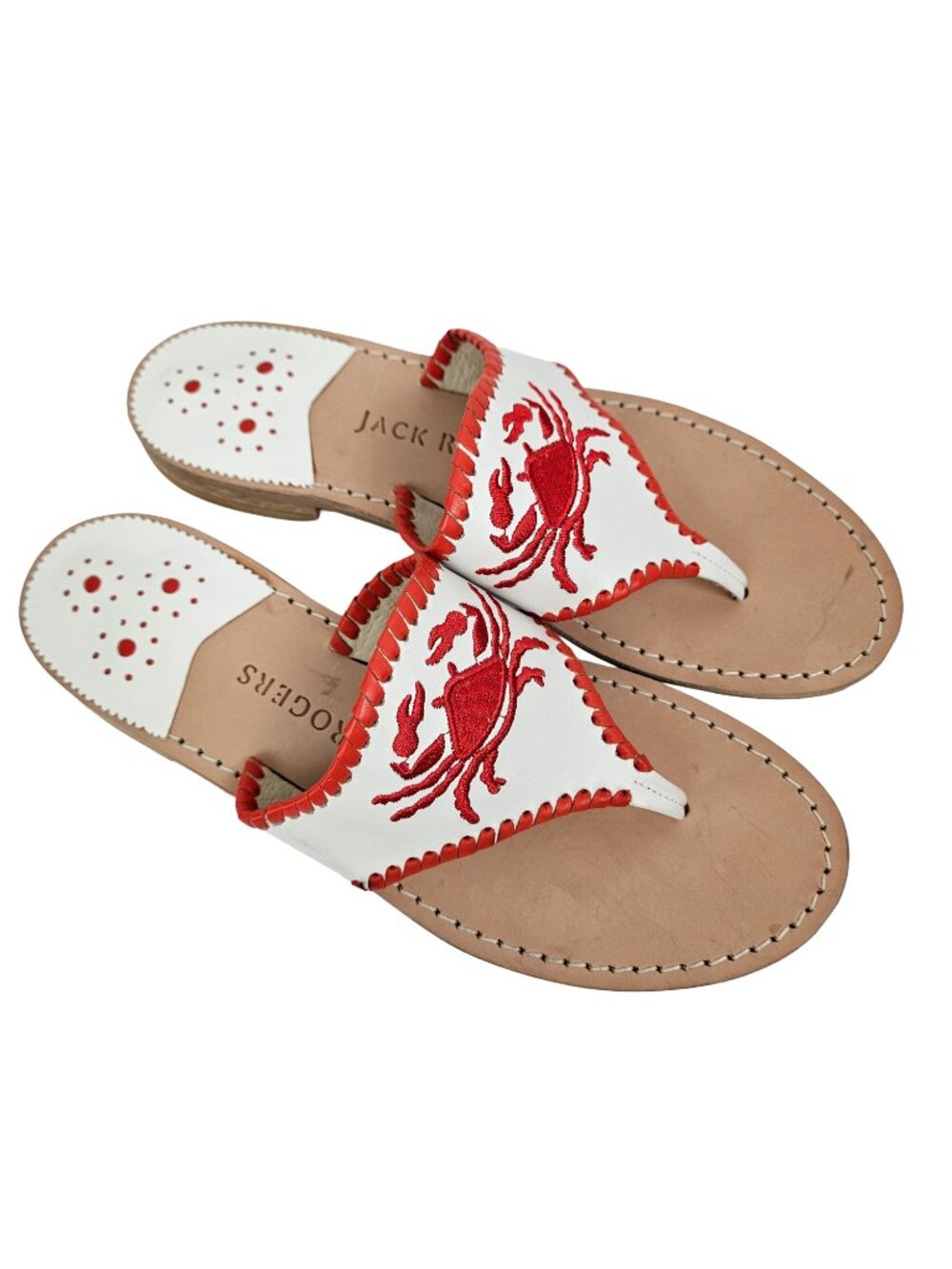 Jack Rogers Red/White Leather Embroidered Crab Sandal 10 - Picture 2 of 14